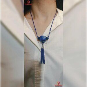 Handmade Lapis Blue Beaded Necklace with Tassel, Boho Statement Jewelry, Unique